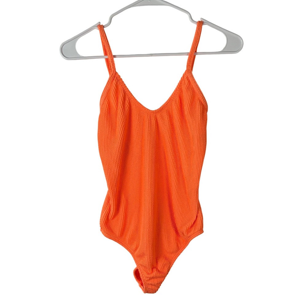 VYB Neon Orange Smocked One Piece Swimsuit Large Crinkle Textured Scoop Backless